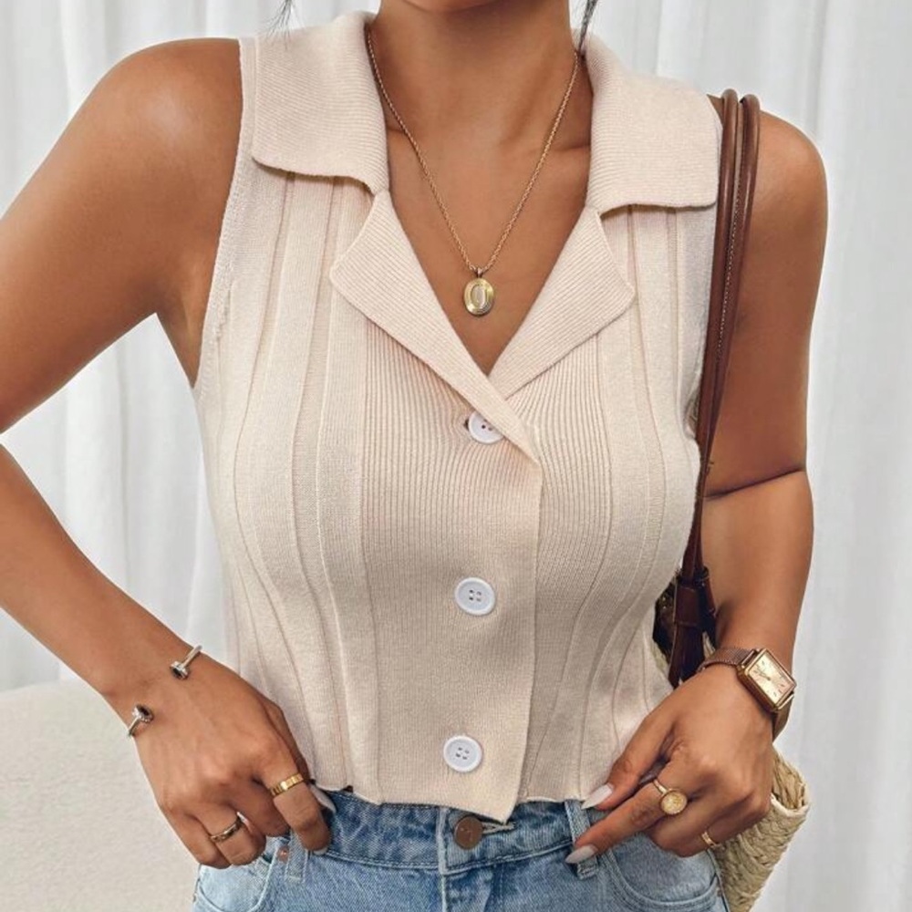 Collared Cream Button-Up Women's Top - Picture 2 of 8